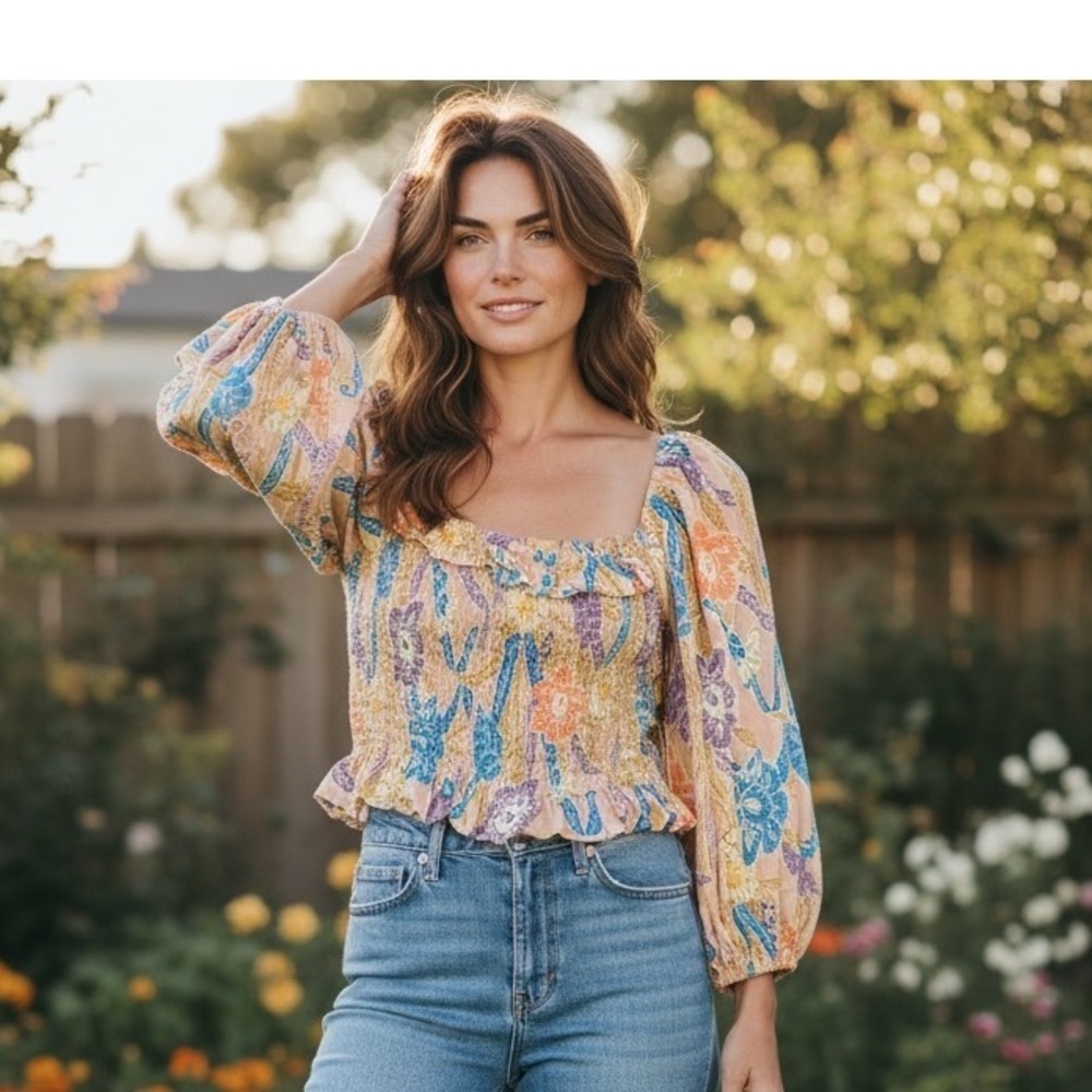 Urban Outfitters Floral Smocked Puff Sleeve Blouse Bohemian Cottagecore Festival - Picture 10 of 12